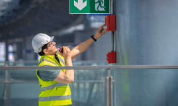 man inspecting fire alarm