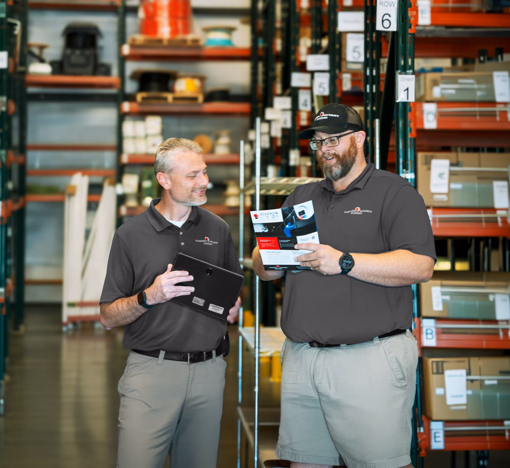 Two Fleenor employees discussing security options in a warehouse